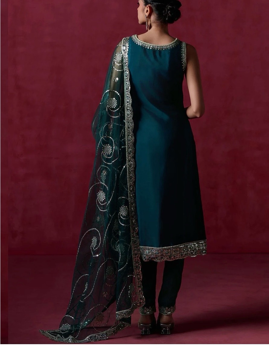 Nwt Crepe Silk Straight Salwar Kameez Suit In Teal | Size L (40) — image 3 of 8